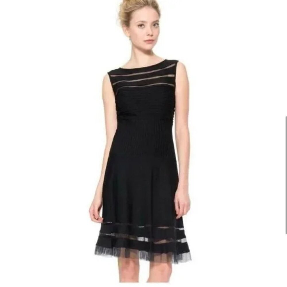 Tadashi Shoji Designer Mesh Stripe Fit n Flare Illusion Dress.  SZ S